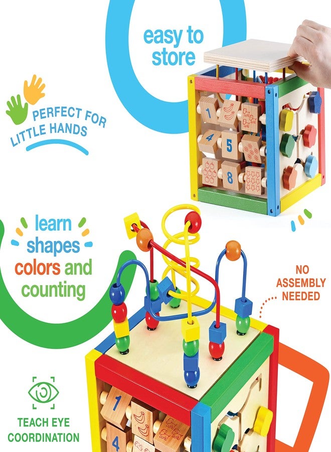 Play22 Wooden Activity Play Cube 6 in-1 for Baby with Removable Bead Maze, Shape Sorter, Abacus Counting Beads & Numbers, Sliding Shapes, 8Pcs Stacking Cups - Play22 - Image 5
