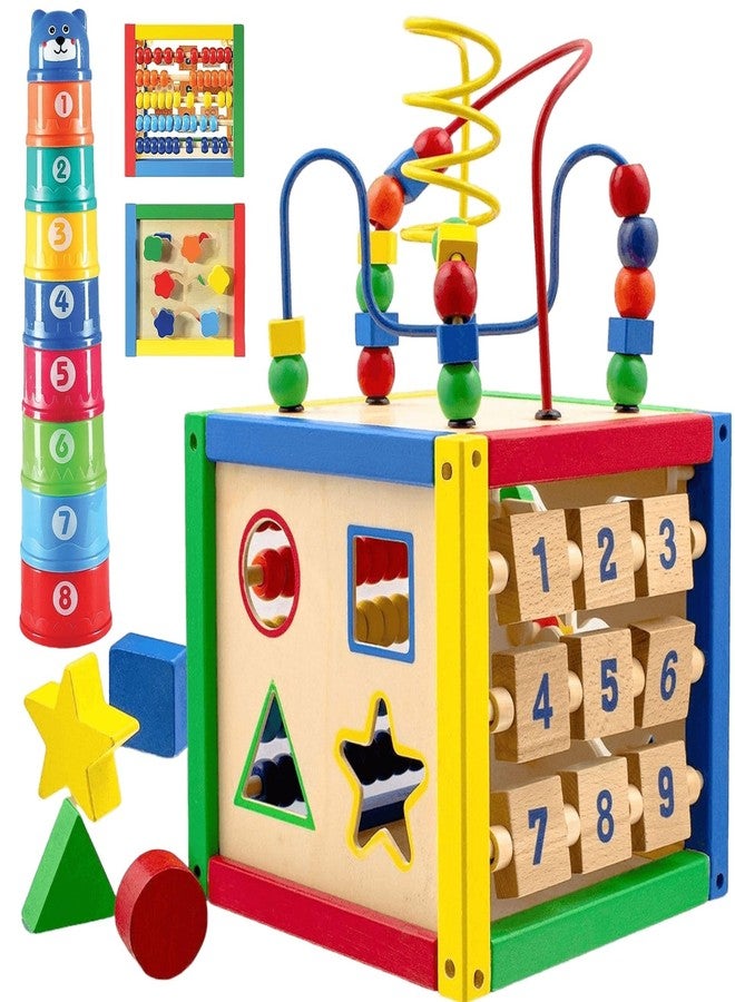 Play22 Wooden Activity Play Cube 6 in-1 for Baby with Removable Bead Maze, Shape Sorter, Abacus Counting Beads & Numbers, Sliding Shapes, 8Pcs Stacking Cups - Play22 - Image 1