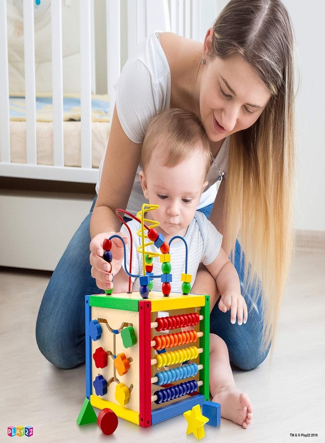 Play22 Wooden Activity Play Cube 6 in-1 for Baby with Removable Bead Maze, Shape Sorter, Abacus Counting Beads & Numbers, Sliding Shapes, 8Pcs Stacking Cups - Play22 - Image 3