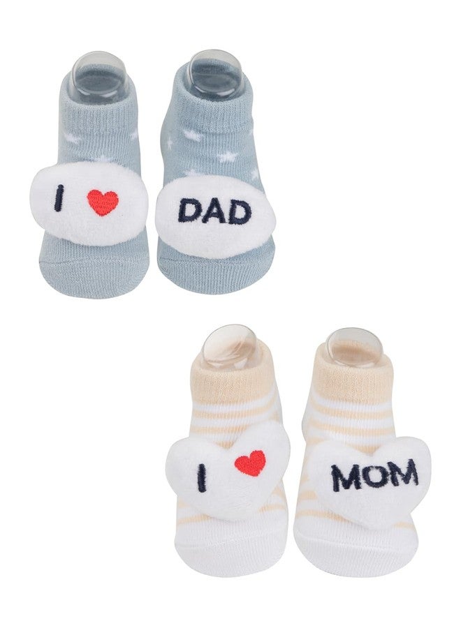 Yellow Bee Cotton Mom and Dad Printed Anti-skid Socks for Boys Pack of 2- Aqua, Yellow, 0-3M - Image 1