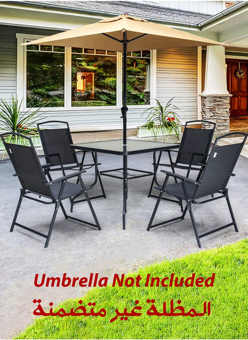 5 Pcs Patio Dining Set 4 Piece Folding Patio Chairs And Square Glass Table With Umbrella Hole for Bistro Outdoor Indoor Dinner Furniture for Garden Porch Restaurant Café Modern Relaxing Design