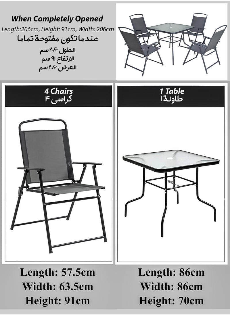 5 Pcs Patio Dining Set 4 Piece Folding Patio Chairs And Square Glass Table With Umbrella Hole for Bistro Outdoor Indoor Dinner Furniture for Garden Porch Restaurant Café Modern Relaxing Design