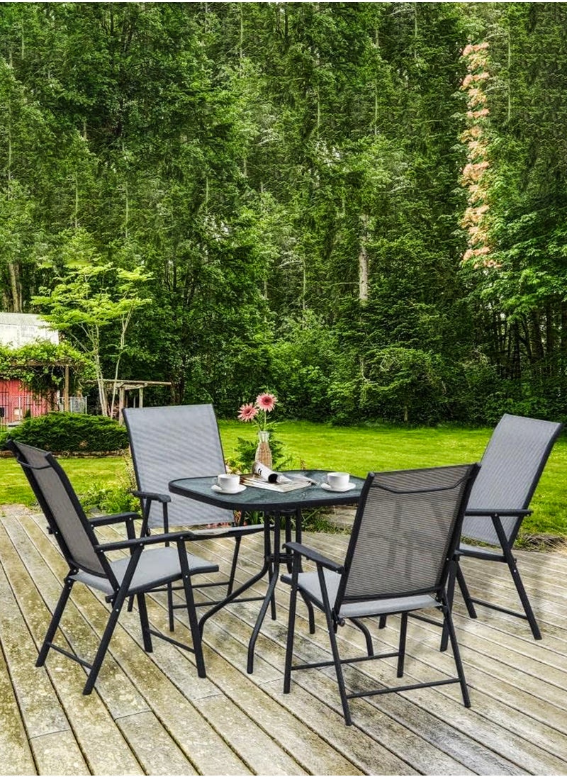 5 Pcs Patio Dining Set 4 Piece Folding Patio Chairs And Square Glass Table With Umbrella Hole for Bistro Outdoor Indoor Dinner Furniture for Garden Porch Restaurant Café Modern Relaxing Design