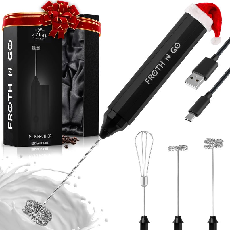 Zulay Kitchen Zulay Froth N Go Milk Frother â€“ Rechargeable 3-in-1 Handheld Frother Wand with Travel Case & USB-C Charger â€“ Single, Double & Egg Whisk for Latte, Cappuccino, Matcha, Protein Shakes â€“ Black - Image 1