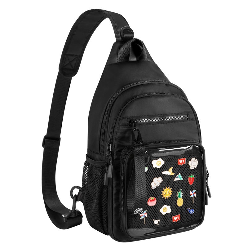Prokva Ita Bag Crossbody Pin Display Sling Bag with Insert, Ita Chest Pack Backpack with Clear Pocket for Trading Pins, Comic Con, Travel, Black - Image 1