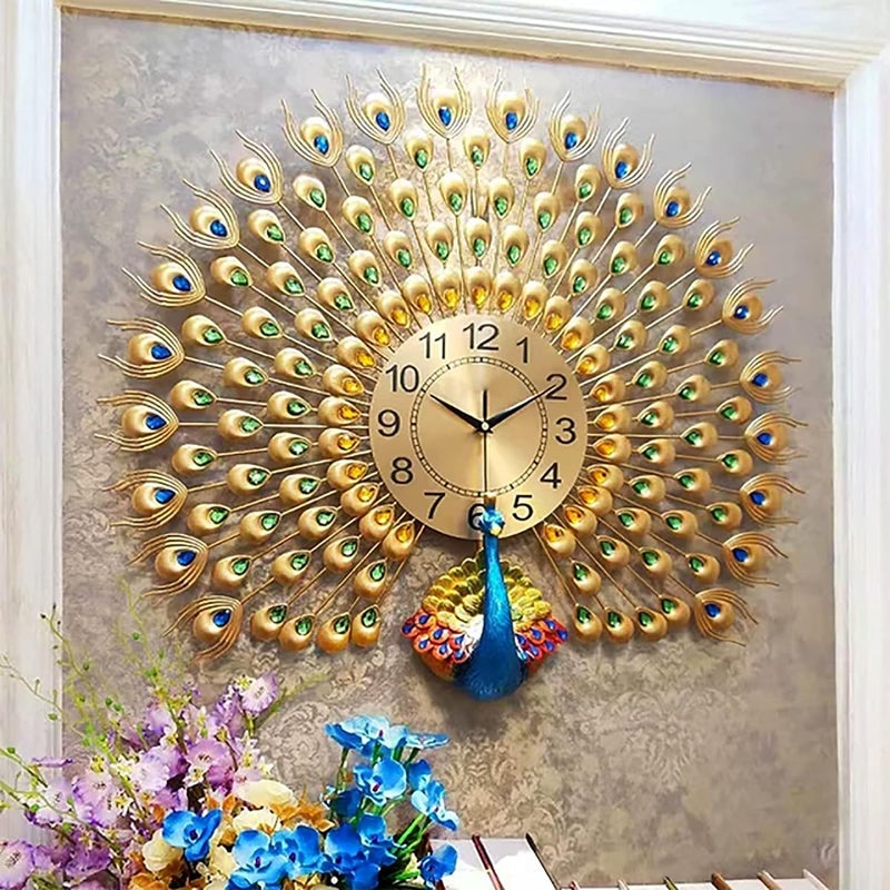 Zerolex Luxury Vintage Peacock Wall Clock Large 70X65 CM Fancy Modern Art Decorative Wall Clocks for Living Room NonTicking Silent10 Metal Dial PeacockRoyal Gold - Image 3