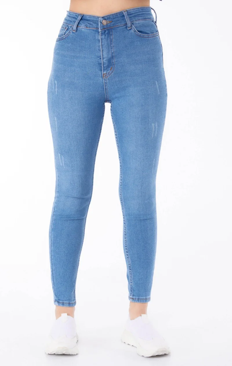 Tofisa Plain Mid Women Blue High Waist Tight Jeans - 25179
