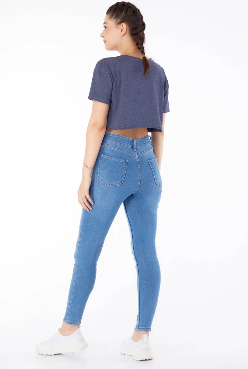 Tofisa Plain Mid Women Blue High Waist Tight Jeans - 25179