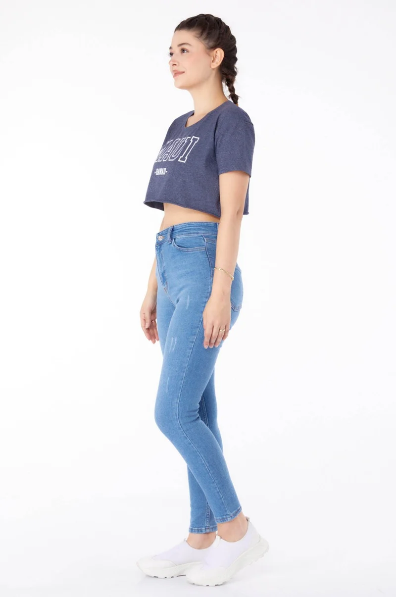 Tofisa Plain Mid Women Blue High Waist Tight Jeans - 25179