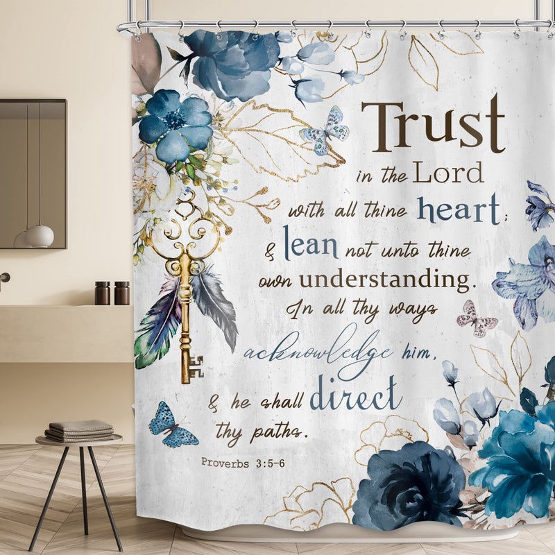 MESHELLY Teal Floral Christian Shower Curtain 72Wx72H Rustic Blue Flower Bathroom Curtain Bible Verse Inspirational Quote Bath Curtain Cloth Fabric Scriptures Bathroom Accessories Decor with 12 Hooks - Image 2
