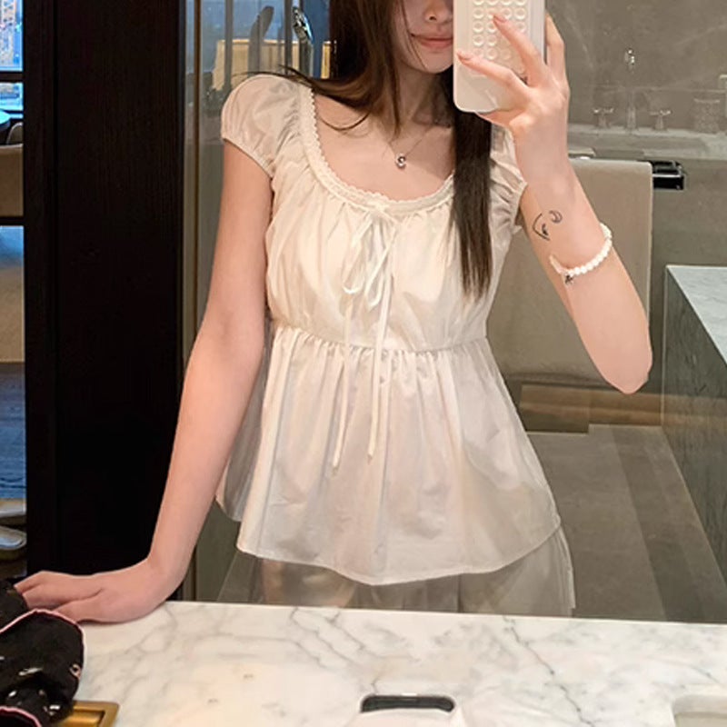 French New Product Cecilia Romantic Lace Blouse Summer Small Lantern Sleeve Large U-Neck Baby Doll Shirt - Image 1