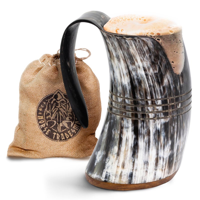 Norse Tradesman Norse Tradesman LG Viking Drinking Horn Mug  100 Authentic Beer Horn Tankard With Hardwood Bottom and Ring Engravings  The Eternal High Polish approx 16 oz 