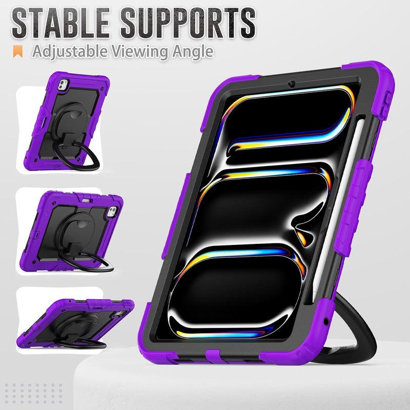 YUANSHXM-Case for iPad Pro 11-inch (M4, 2024 Release), 3 Layers Upgraded All-Inclusive Heavy Duty Protection Case with 360 Rotating Multi Functional Handle Ring & Stand & Shoulder Strap (Q) - Image 4