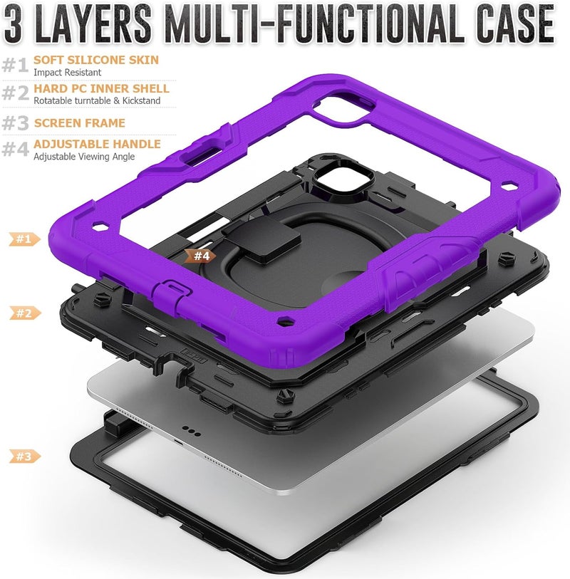 YUANSHXM-Case for iPad Pro 11-inch (M4, 2024 Release), 3 Layers Upgraded All-Inclusive Heavy Duty Protection Case with 360 Rotating Multi Functional Handle Ring & Stand & Shoulder Strap (Q) - Image 3