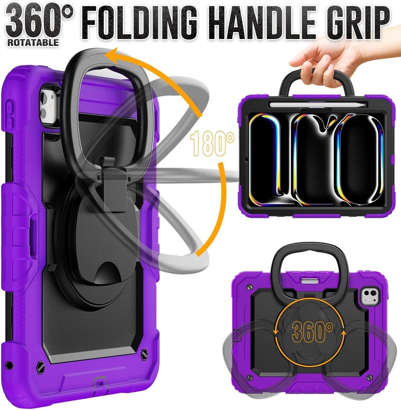 YUANSHXM-Case for iPad Pro 11-inch (M4, 2024 Release), 3 Layers Upgraded All-Inclusive Heavy Duty Protection Case with 360 Rotating Multi Functional Handle Ring & Stand & Shoulder Strap (Q) - Image 5