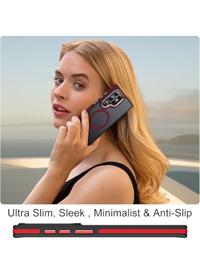 Magnetic for Samsung Galaxy S23 Ultra Case, Anti-Skid Edge S23 Ultra Phone Case Compatible with Magsafe, Silky Translucent Back Cover Drop-Proof Slim Case for Galaxy S23 Ultra 5G, Black/Red - Image 4