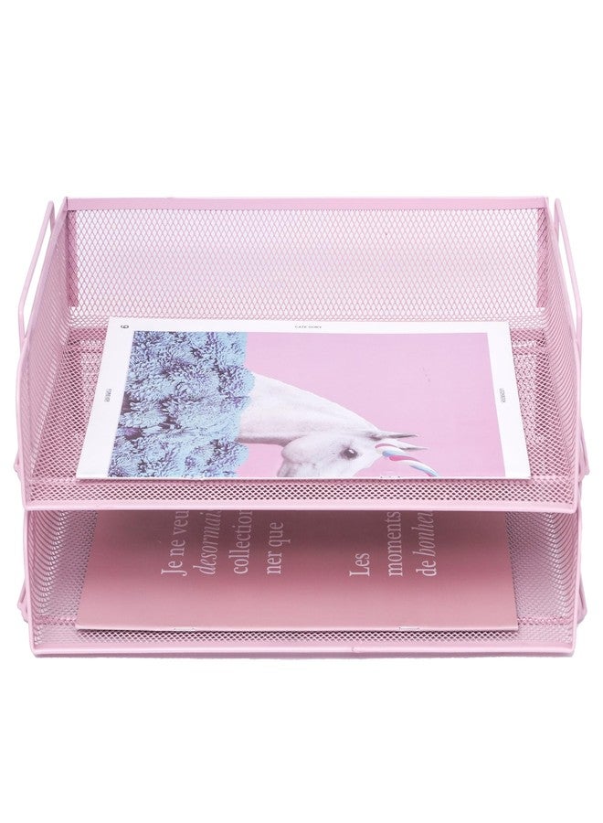 EASEPRES 2 Pack Stackable Desk Paper Tray, Metal Mesh Desktop Document Letter File Organizer for Office Home School, 13.5'' L x 9.75'' W x 5.5'' H, Pink - Image 5