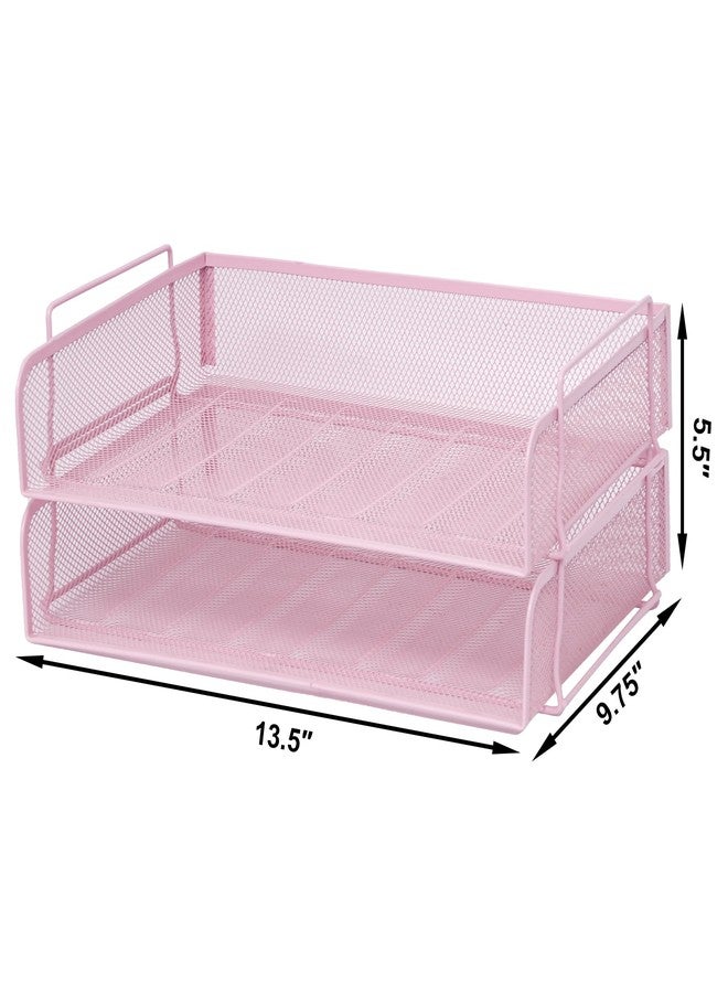EASEPRES 2 Pack Stackable Desk Paper Tray, Metal Mesh Desktop Document Letter File Organizer for Office Home School, 13.5'' L x 9.75'' W x 5.5'' H, Pink - Image 3
