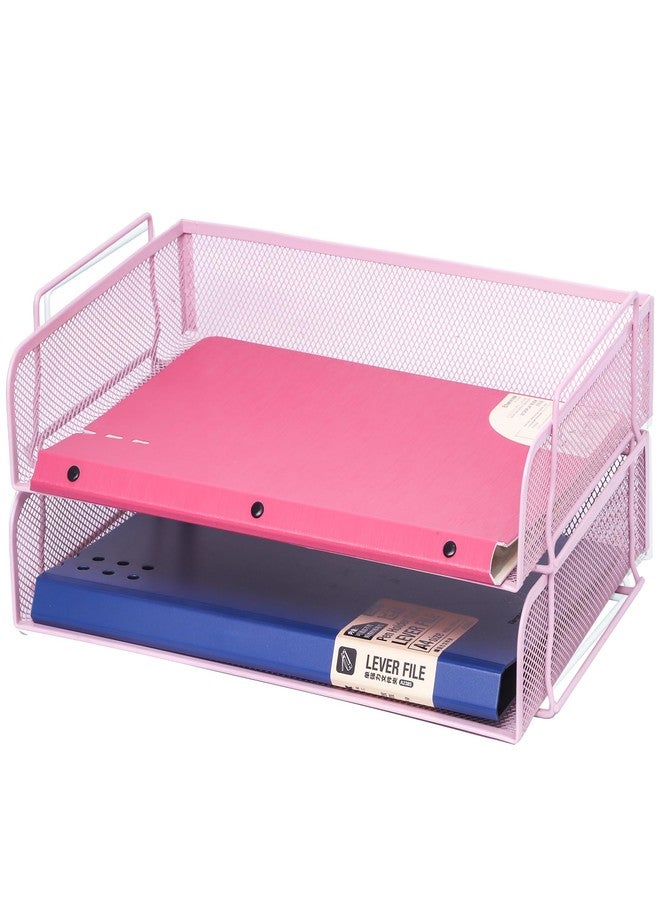 EASEPRES 2 Pack Stackable Desk Paper Tray, Metal Mesh Desktop Document Letter File Organizer for Office Home School, 13.5'' L x 9.75'' W x 5.5'' H, Pink - Image 1