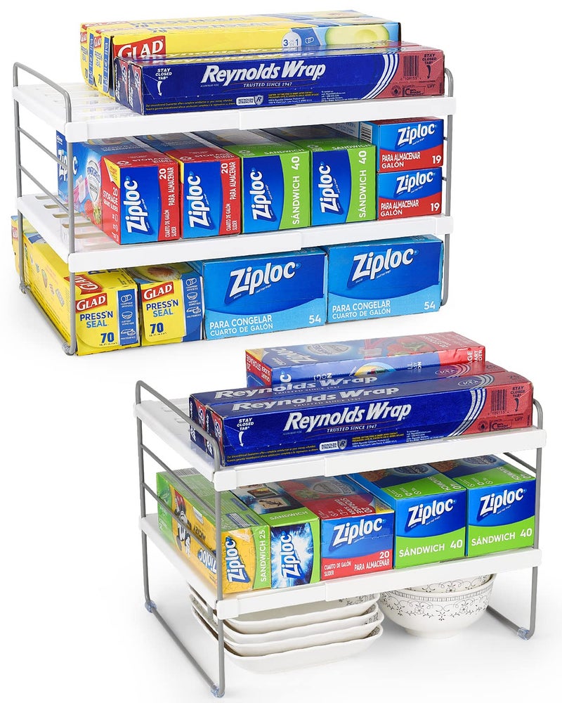 Aionvidas 2 Pack Expandable Kitchen Wrap Organizer Rack Height  Width Adjustable Aluminum Foil and Plastic Wrap Organizer for Pantry Cabinet Food Wrap Organization and Storage  3 Tier 98 to 156L 