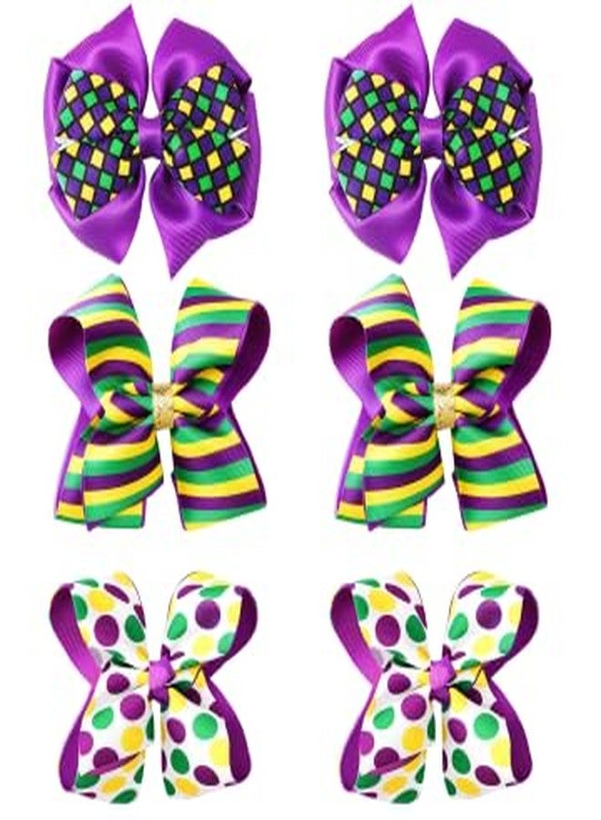 JUNEBRUSHS 6Pcs Mardi Gras Hair Bows, Carnival Hair Accessories Vibrant Carnival Purple Gold Green Hair Clip for Girls Women Party Favor Gift - Image 1