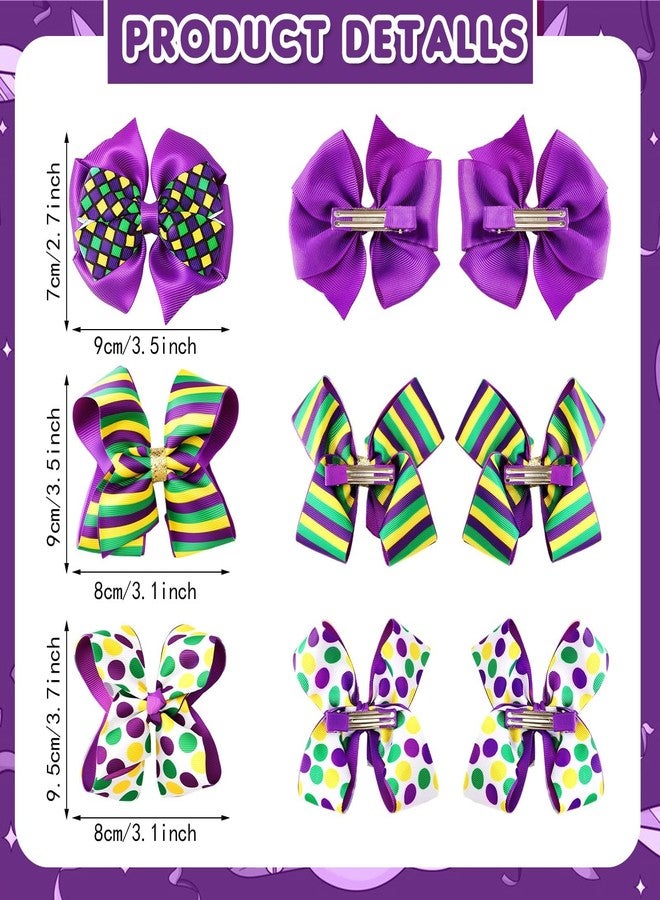 JUNEBRUSHS 6Pcs Mardi Gras Hair Bows, Carnival Hair Accessories Vibrant Carnival Purple Gold Green Hair Clip for Girls Women Party Favor Gift - Image 2