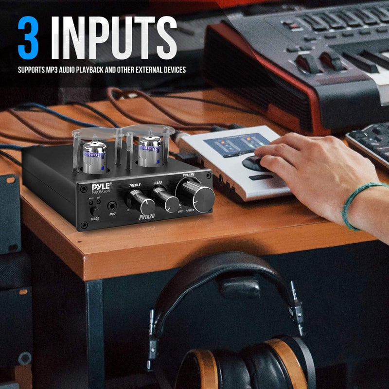 Pyle Bluetooth Tube Amplifier Stereo Receiver - 600W Home Audio Desktop Stereo Vacuum Tube Power Amplifier Receiver w/ 2 Vacuum Tubes, AUX/MP3/Microphone Inputs, Pure Copper Speaker Output - PVTA20 - Image 4