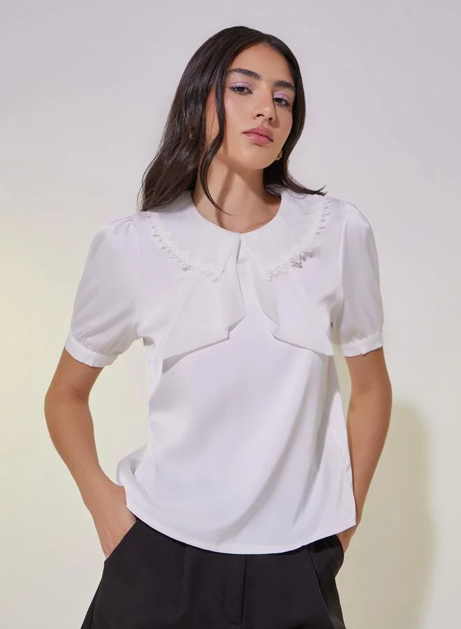 تايك تو Regular Fit Puff Sleeve Blouse with Lace Detail