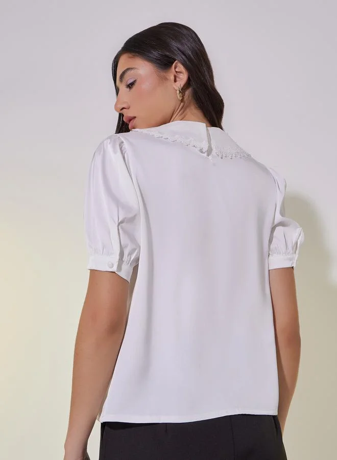 تايك تو Regular Fit Puff Sleeve Blouse with Lace Detail