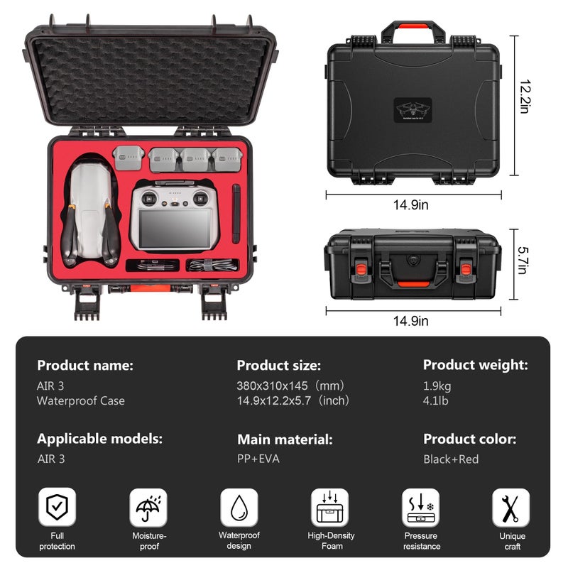 STARTRC Air 3 Hard Case Waterproof Carrying Case for DJI Air 3, Black, M, Custom - Image 3