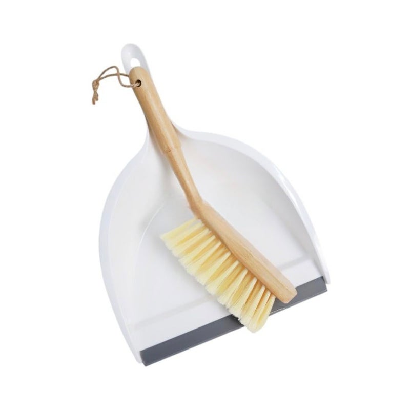 Mini Dustpan and Brush Set, White Plastic Tray with Natural Wood Handle Broom, Compact Desktop Cleaning Kit