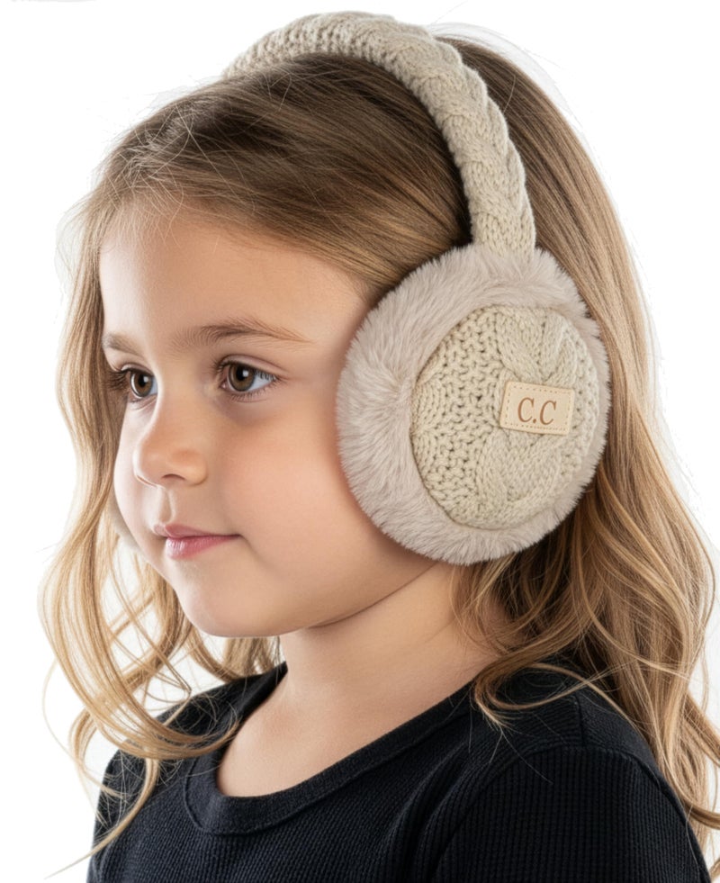 Funky Junque Adjustable Fuzzy Ear Muffs for Girls 8-10 Cozy Cable Knit Winter Ear Warmers Beige - Cable Knit - Beige - Image 1