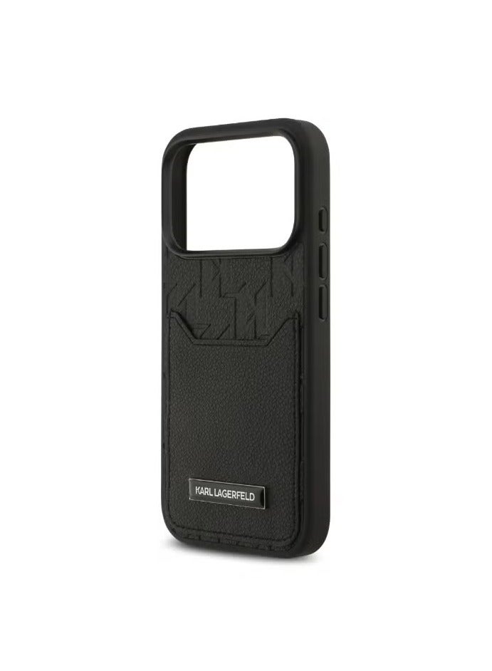 Karl Lagerfeld iPhone 17 Pro Case – Black PU Leather Back Cover with Card Slot & Monogram Hot Stamped Design - Image 1
