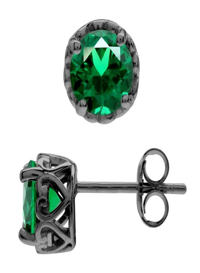 Silvershake 1.5 ct 6 mm Created Nano Green Emerald Black Rhodium Plated 925 Sterling Silver Victorian Style Stud Post Earrings - Image 1
