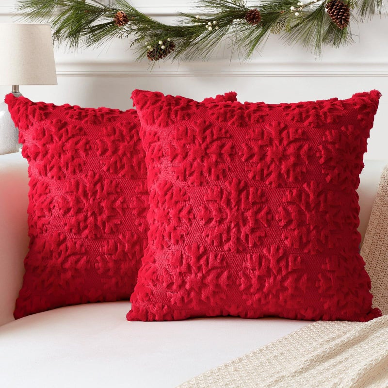 Otostar OTOSTAR Set of 2 Xmas Soft Plush Short Wool Velvet Decorative Throw Pillow Covers Square Luxury Style Cushion Case Pillow Shell for Sofa Bedroom Snowflake Red  14x14 Inch  - Image 1
