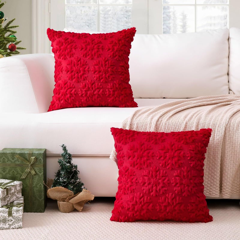 Otostar OTOSTAR Set of 2 Xmas Soft Plush Short Wool Velvet Decorative Throw Pillow Covers Square Luxury Style Cushion Case Pillow Shell for Sofa Bedroom Snowflake Red  14x14 Inch  - Image 5