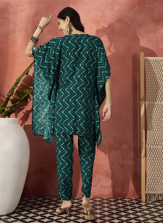 آي شين طقم تونيك نسائي أزرق من الرايون مزين مع بنطلون بالازو واسع عند الكاحل قطعتين