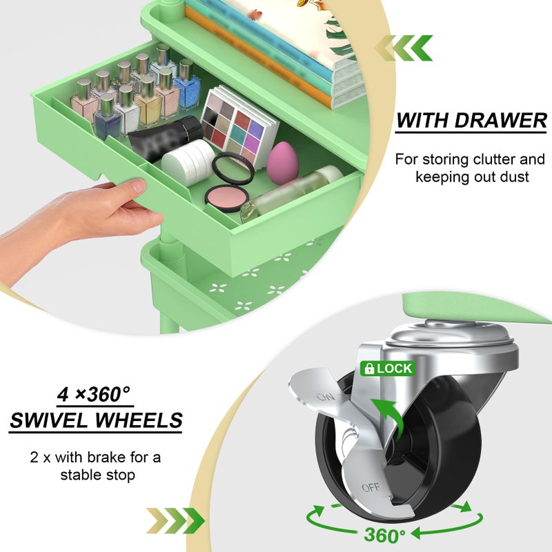 Goovilla 3 Tier Rolling Utility Cart Organizer with Removable Drawer, Stable and Sturdy Green Rolling Storage Carts with 2 Lockable Wheels for Bathroom, Kitchen, Snack, Craft, Makeup, Baby Essentials - Image 2