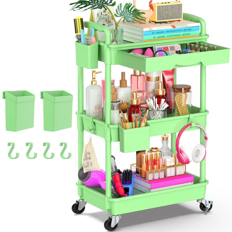 Goovilla 3 Tier Rolling Utility Cart Organizer with Removable Drawer, Stable and Sturdy Green Rolling Storage Carts with 2 Lockable Wheels for Bathroom, Kitchen, Snack, Craft, Makeup, Baby Essentials - Image 1