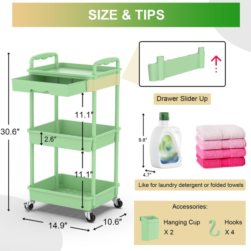 Goovilla 3 Tier Rolling Utility Cart Organizer with Removable Drawer, Stable and Sturdy Green Rolling Storage Carts with 2 Lockable Wheels for Bathroom, Kitchen, Snack, Craft, Makeup, Baby Essentials - Image 4