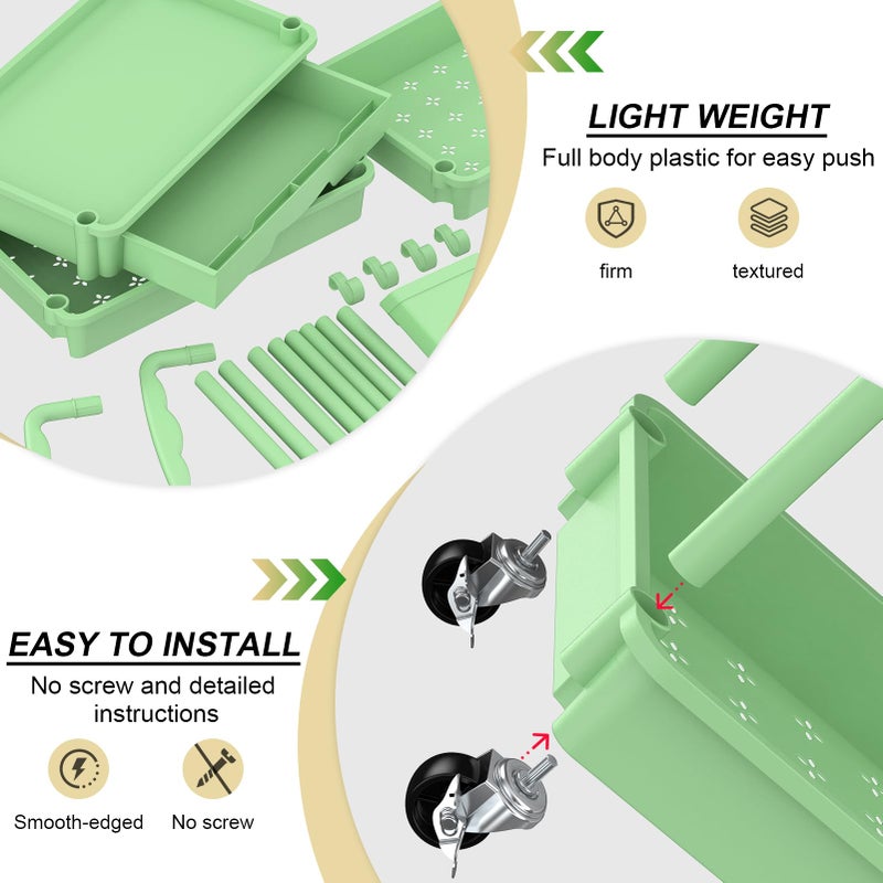 Goovilla 3 Tier Rolling Utility Cart Organizer with Removable Drawer, Stable and Sturdy Green Rolling Storage Carts with 2 Lockable Wheels for Bathroom, Kitchen, Snack, Craft, Makeup, Baby Essentials - Image 3