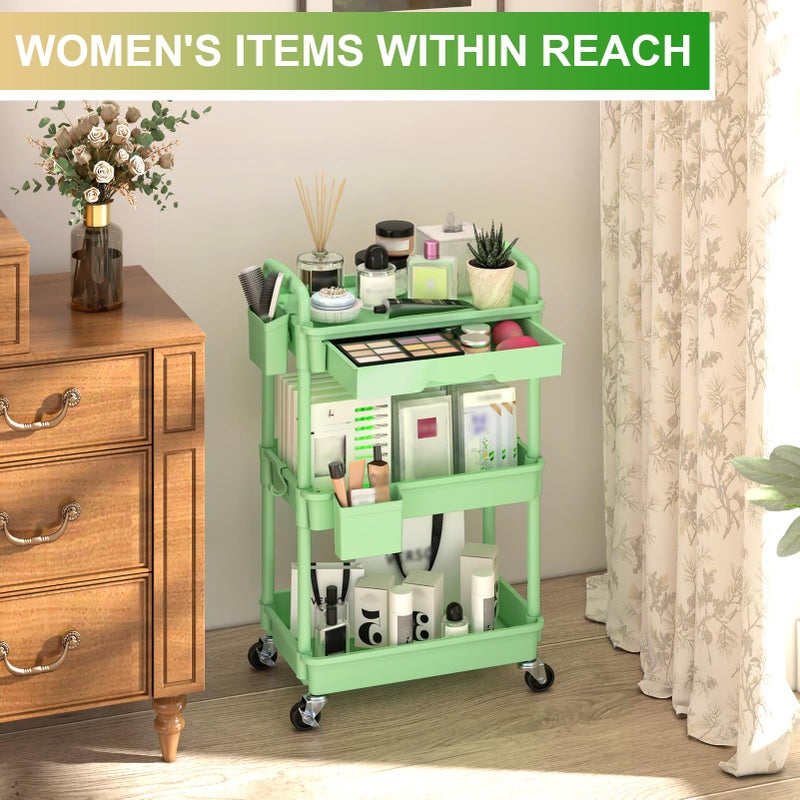 Goovilla 3 Tier Rolling Utility Cart Organizer with Removable Drawer, Stable and Sturdy Green Rolling Storage Carts with 2 Lockable Wheels for Bathroom, Kitchen, Snack, Craft, Makeup, Baby Essentials - Image 5