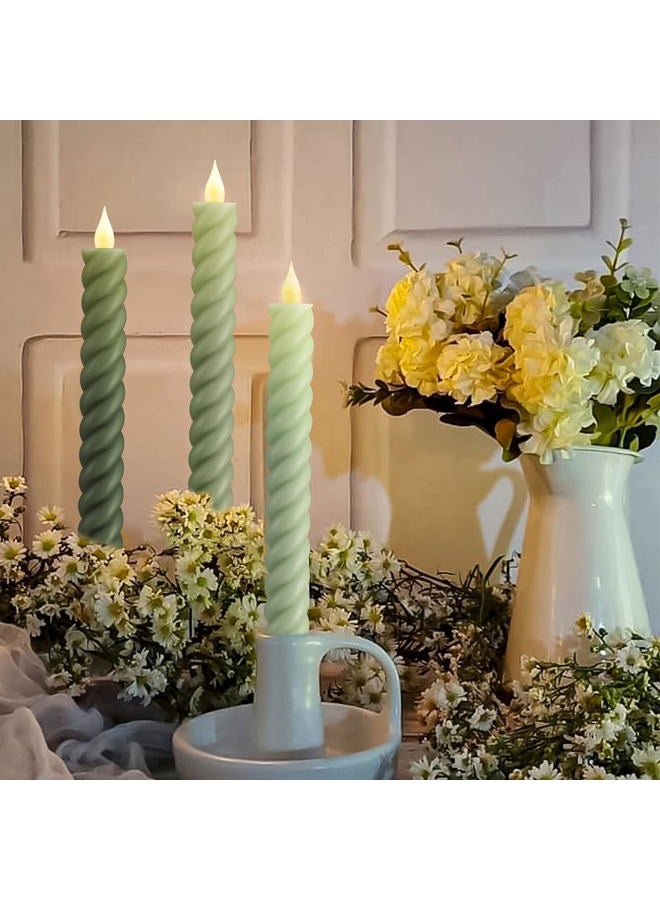 Baquler 6 Pcs Sage Green Flameless Taper Candle Twisted LED 9.65 Inch Taper Candles Battery Operated Twisted Candlesticks for Summer Wedding Birthday Home Party Holiday Dinner Fireplace Decor - Image 4