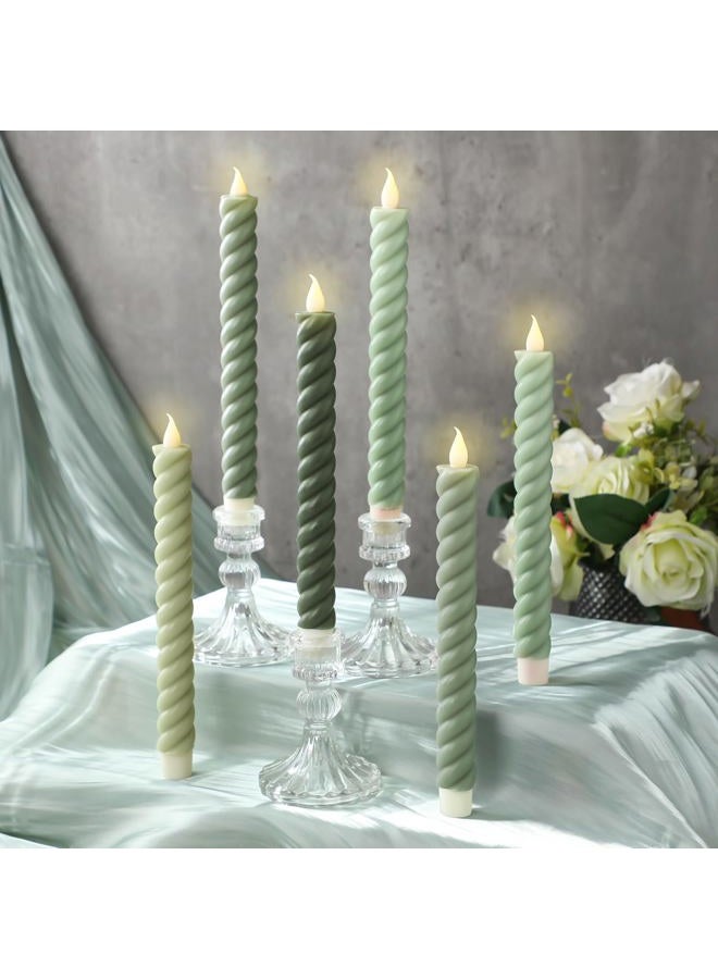 Baquler 6 Pcs Sage Green Flameless Taper Candle Twisted LED 9.65 Inch Taper Candles Battery Operated Twisted Candlesticks for Summer Wedding Birthday Home Party Holiday Dinner Fireplace Decor - Image 1
