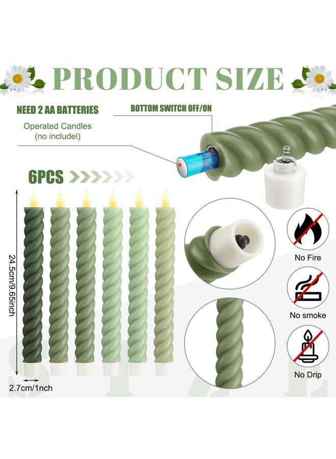 Baquler 6 Pcs Sage Green Flameless Taper Candle Twisted LED 9.65 Inch Taper Candles Battery Operated Twisted Candlesticks for Summer Wedding Birthday Home Party Holiday Dinner Fireplace Decor - Image 2