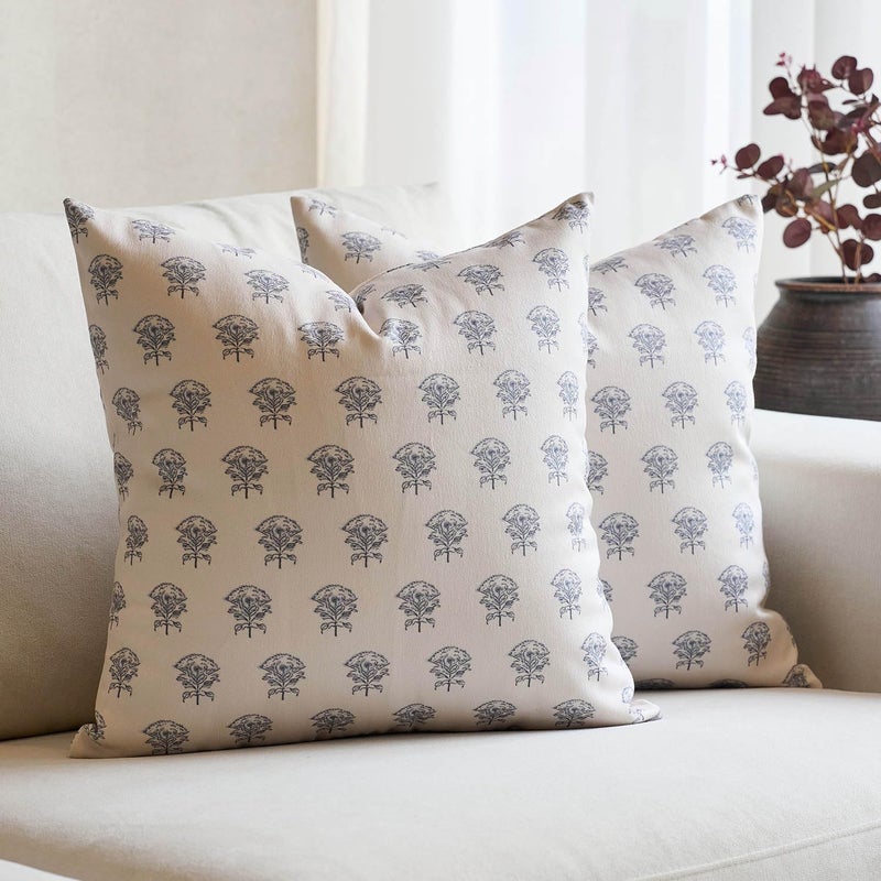 Amor Virisso Set of 2 Floral Throw Pillow Covers 18x18 Inch, Vintage Decorative Block Print Pillow Covers Neutral Accent Farmhouse Pillows Home Decor for Sofa Couch Bed, Dusty Blue - Image 1