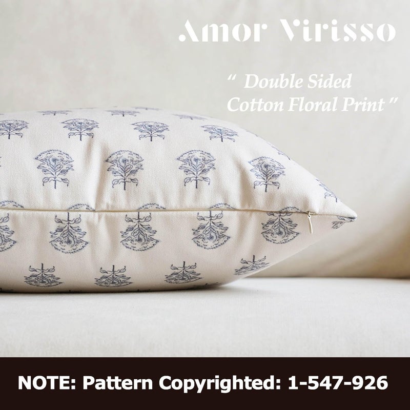 Amor Virisso Set of 2 Floral Throw Pillow Covers 18x18 Inch, Vintage Decorative Block Print Pillow Covers Neutral Accent Farmhouse Pillows Home Decor for Sofa Couch Bed, Dusty Blue - Image 2
