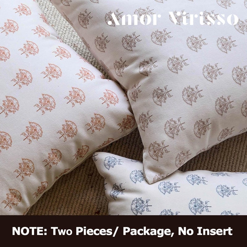 Amor Virisso Set of 2 Floral Throw Pillow Covers 18x18 Inch, Vintage Decorative Block Print Pillow Covers Neutral Accent Farmhouse Pillows Home Decor for Sofa Couch Bed, Dusty Blue - Image 5