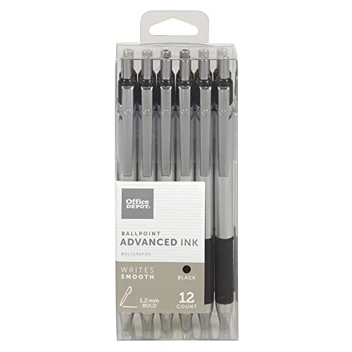 Office Depot Advanced Ink Retractable Ballpoint Pens, Bold Point, 1.2 mm, Silver Barrel, Black Ink, Pack Of 12 - Image 3