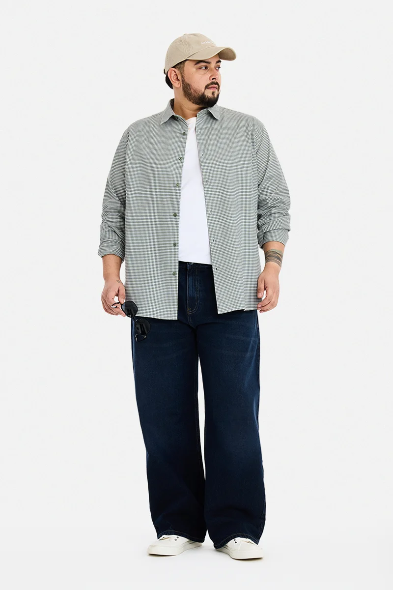 SNITCH Olive Checkered Long Sleeve Regular Fit Plus Size Shirt